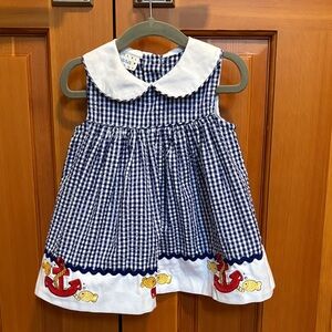Navy Blue Checkered Kids Dress with Nautical Embroidery 2T LIKE NEW
